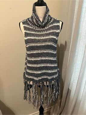 Free People Chunky Knit Fringe Cowl Neck Sweater Vest | Gray & Ivory | Boho -S